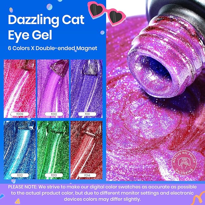 Beetles Cat Eye Gel Nail Polish, 6 Colors Summer Cat Eye Glitter Gel Polish Set Neon Red Pink Purple Blue Green with Magnet Velvet Gel Kit French Nail Art Manicure Gift for Women-VivaGrace Women