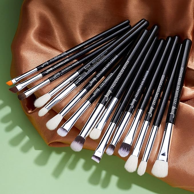 Jessup Eye Makeup Brushes Set Professional 15pcs with Eyeshadow Blending Concealer Eyebrow Eyliner Brush (Pearl Black/Silver)-VivaGrace Women