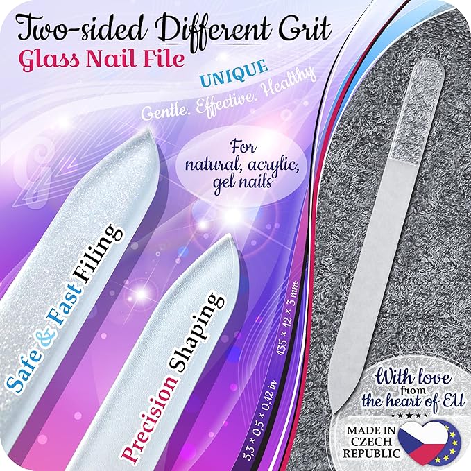 Genuine Czech Glass Nail File Set by GLADZY - Callus Remover Foot Rasp, Cuticle Pusher Manicure Stick, Double Sided Etched Different Grit Surface, Professional Nail Care Tool Kit, Made in EU-VivaGrace Women