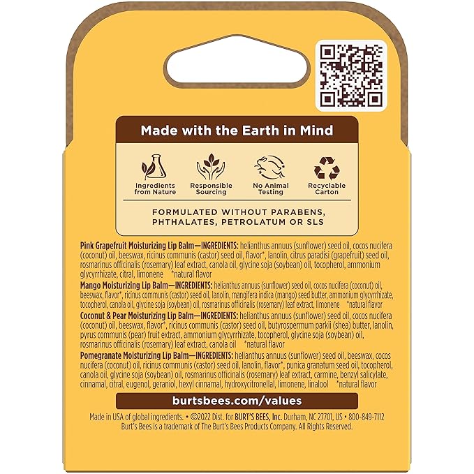 Burt's Bees Lip Balm - Pink Grapefruit, Mango, Coconut & Pear, and Pomegranate Pack, Lip Moisturizer With Beeswax, Tint-Free, Natural Origin Conditioning Lip Treatment, 4 Tubes, 0.15 oz.-VivaGrace Women