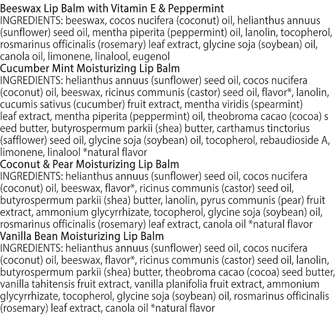 Burt's Bees Lip Balm - Beeswax, Cucumber Mint, Coconut & Pear, and Vanilla Bean Pack, With Responsibly Sourced Beeswax, Tint-Free, Natural Origin Lip Treatment, 4 Tubes, 0.15 oz.-VivaGrace Women