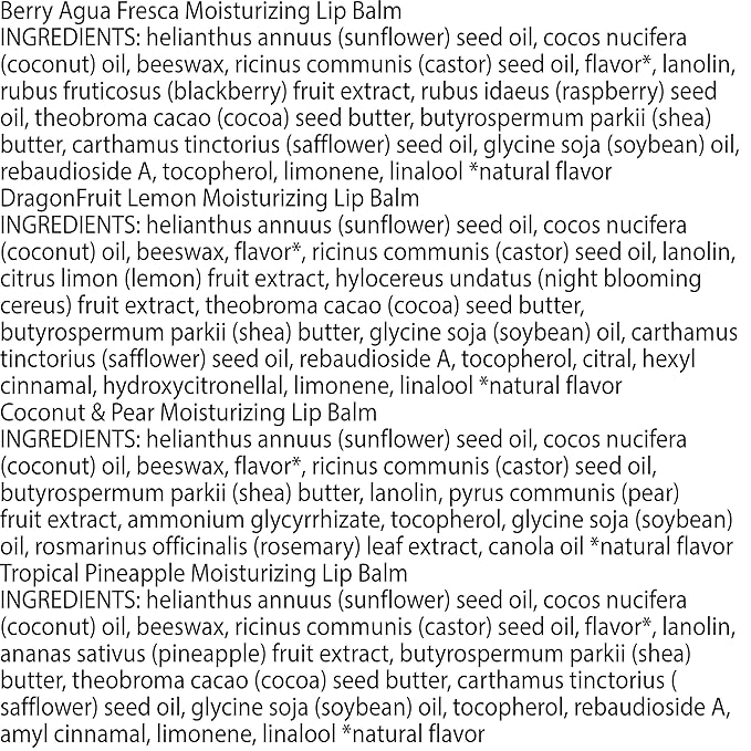 Burt's Bees Lip Balm - Berry Agua Fresca, Dragonfruit Lemon, Coconut & Pear, Tropical Pineapple Pack, With Beeswax, Tint-Free, Natural Origin Lip Treatment, 4 Tubes, 0.15 oz.-VivaGrace Women