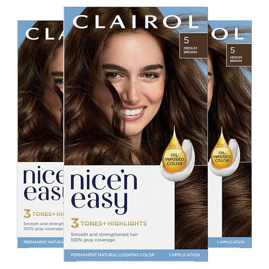 Clairol Nice'n Easy Permanent Hair Dye, 5 Medium Brown Hair Color, Pack of 3-VivaGrace Women
