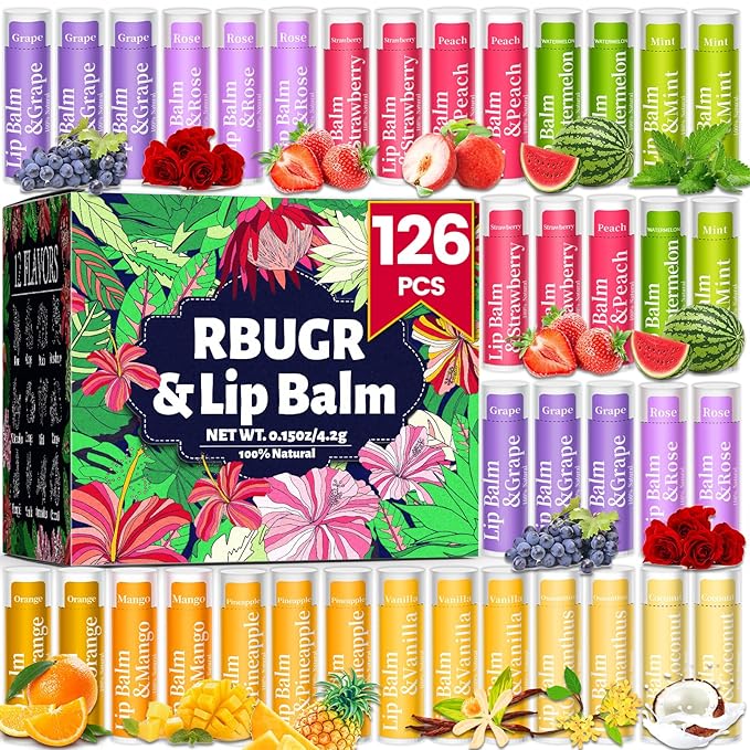 126 Pcs Lip Balm Bulk, 12 Flavored Pack of Lip Balms Natural Lip Balm Pack Moisturising Organic Lip Balm Set for Cracked Lips, Bulk Gifts Stocking Stuffers Party Favors(4.2g/0.15oz)-VivaGrace Women