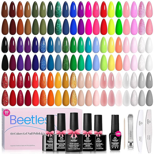 Beetles Gel Nail Polish Set, 60 Colors Fall Uv Gel Polish Kit Jelly Brown Glitter Nude Pink White Red Blue Green Color Nail Polish Base &Glossy Matte Top Coat Gift for Her Women-VivaGrace Women