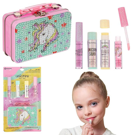 Expressions 5pc Cosmetics Lip Kit For Kids w/Lip Glosses, Lip Balms & Tin Box Storage Case I Believe in Unicorns Rhinestone,Washable + Non Toxic-VivaGrace Women