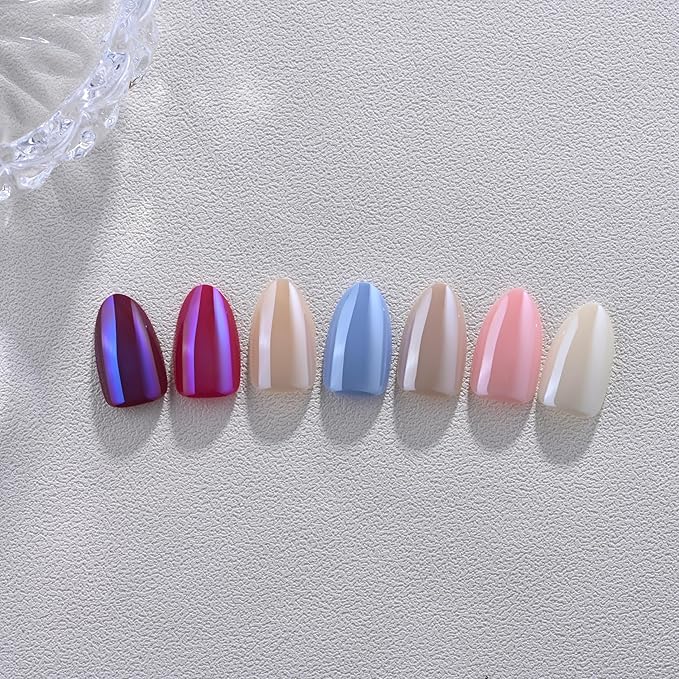Chrome Spring Press on Nails Short Almond, Pink-Purple Press on Nails Almond, Fashion Gel Fake Nails, Reusable Glossy Stick on Nails for Women, Glue on Nails Kit,15 Sizes - 30Pcs