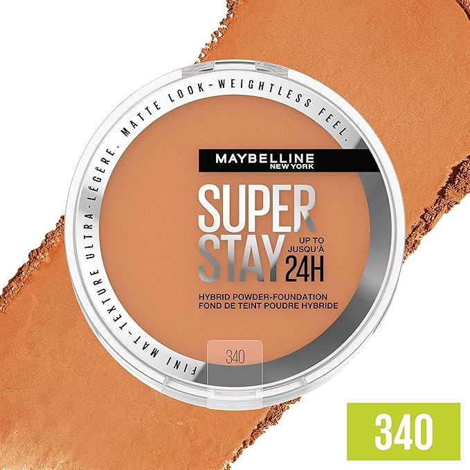 Maybelline Super Stay Up to 24HR Hybrid Powder-Foundation, Medium-to-Full Coverage Makeup, Matte Finish, 340, 1 Count-VivaGrace Women