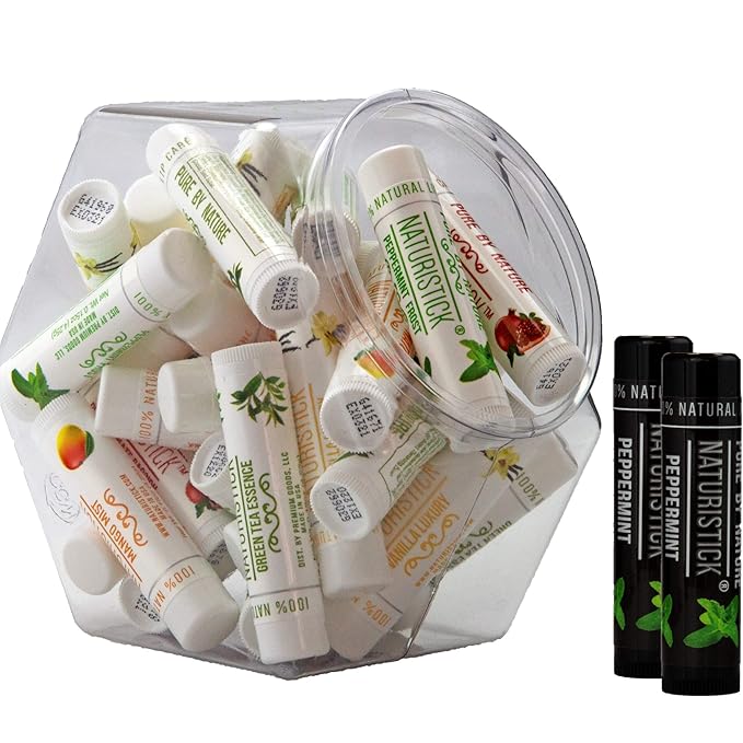 32-Pack Lip Balm in Bulk by Naturistick. Assorted Scents. 100% Natural Ingredients. Includes Mini Display Fishbowl. Best Beeswax Chapstick for Dry, Chapped Lips. Made in USA-VivaGrace Women