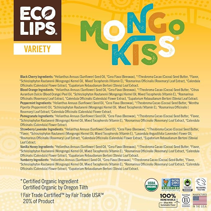 Eco Lips Mongo Kiss Organic Lip Balm 7 Pack - Blood Orange, Black Cherry, Pomegranate, Vanilla Honey, Peppermint, Strawberry Lavender, Yumberry | Mongongo Oil to Soothe & Moisturize Dry, Cracked Lips-VivaGrace Women