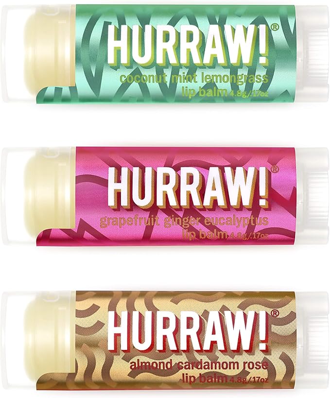 Hurraw! Pitta (Coconut, Mint, Lemon Grass), Kapha (Grapefruit, Ginger, Eucalyptus), Vata (Almond, Cardamon Rose) Lip Balms, 3 Pack Bundle: Organic, Certified Vegan, Cruelty, Gluten Free, 100% Natural-VivaGrace Women