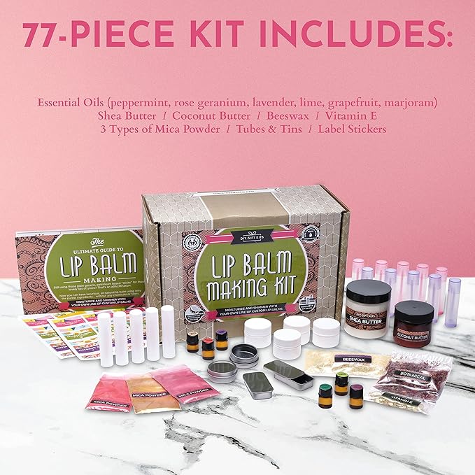 Deluxe Lip Balm Kit with Filling Tray, (77-Piece Set) For Making Your Very Own Clear & Colored DIY Lip Balms! | Includes Tubes, Bees Wax Pouch, 100% Pure Therapeutic Essential Oils & More-VivaGrace Women
