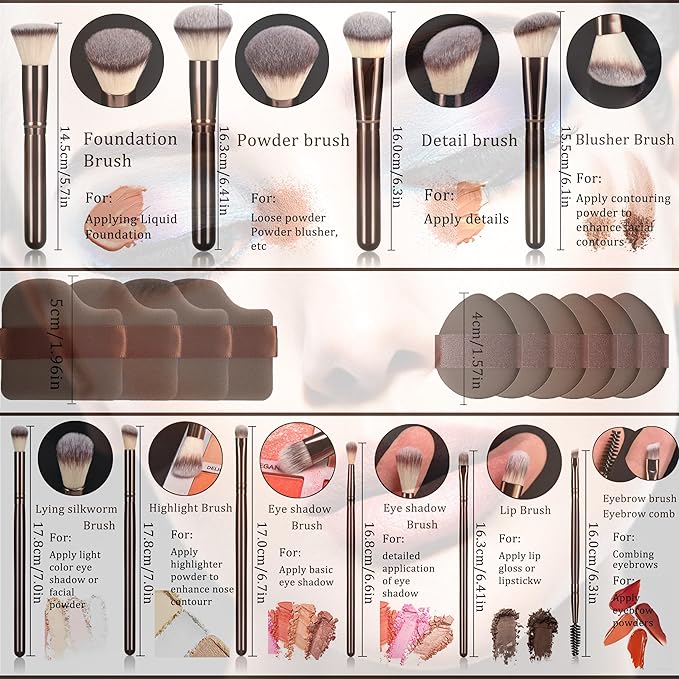 10 Piece Black brown Makeup Brushes and 10 Piece Makeup Sponge – Wooden Handle,with Soft Synthetic Bristles,|Professional Makeup Brushes set for Women & Girls|-VivaGrace Women