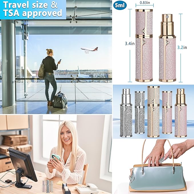 Refillable Travel Perfume Atomizer Bottle - 5ml Luxury Pocket Perfume Dispenser Pump, Travel Perfume Atomiser, Cologne Dispenser, Portable Size Sprayer Bottle for Traveling (Pink - 1)-VivaGrace Women