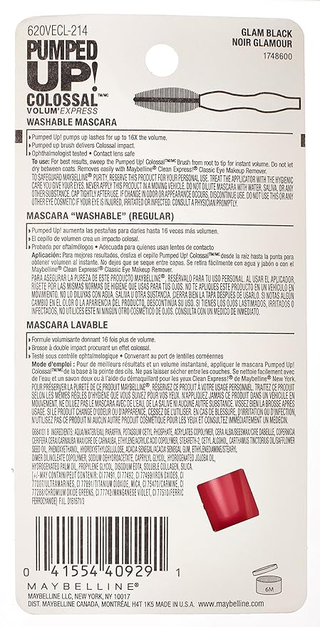 Maybelline Volum' Express Pumped Up Colossal Mascara, Washable Formula Infused with Collagen for Up To 16x Lash Volume, Glam Black, 1 Count