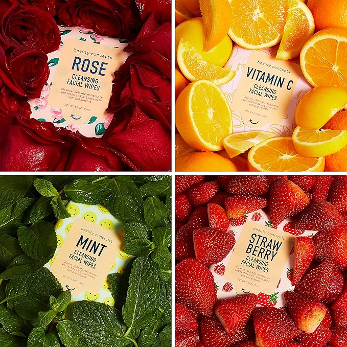 Beauty Concepts Facial Wipe Set - Packs of Face Wipes, Makeup Removing Wipes, Mint, Vitamin C, Strawberry, and Rose