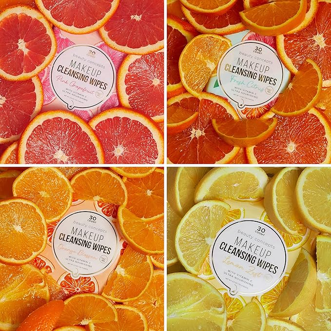 Beauty Concepts Facial Wipe Set - Packs of Face Wipes, Makeup Removing Wipes, Fresh Citrus, Pink Grapefruit, Lemon Zest, Orange